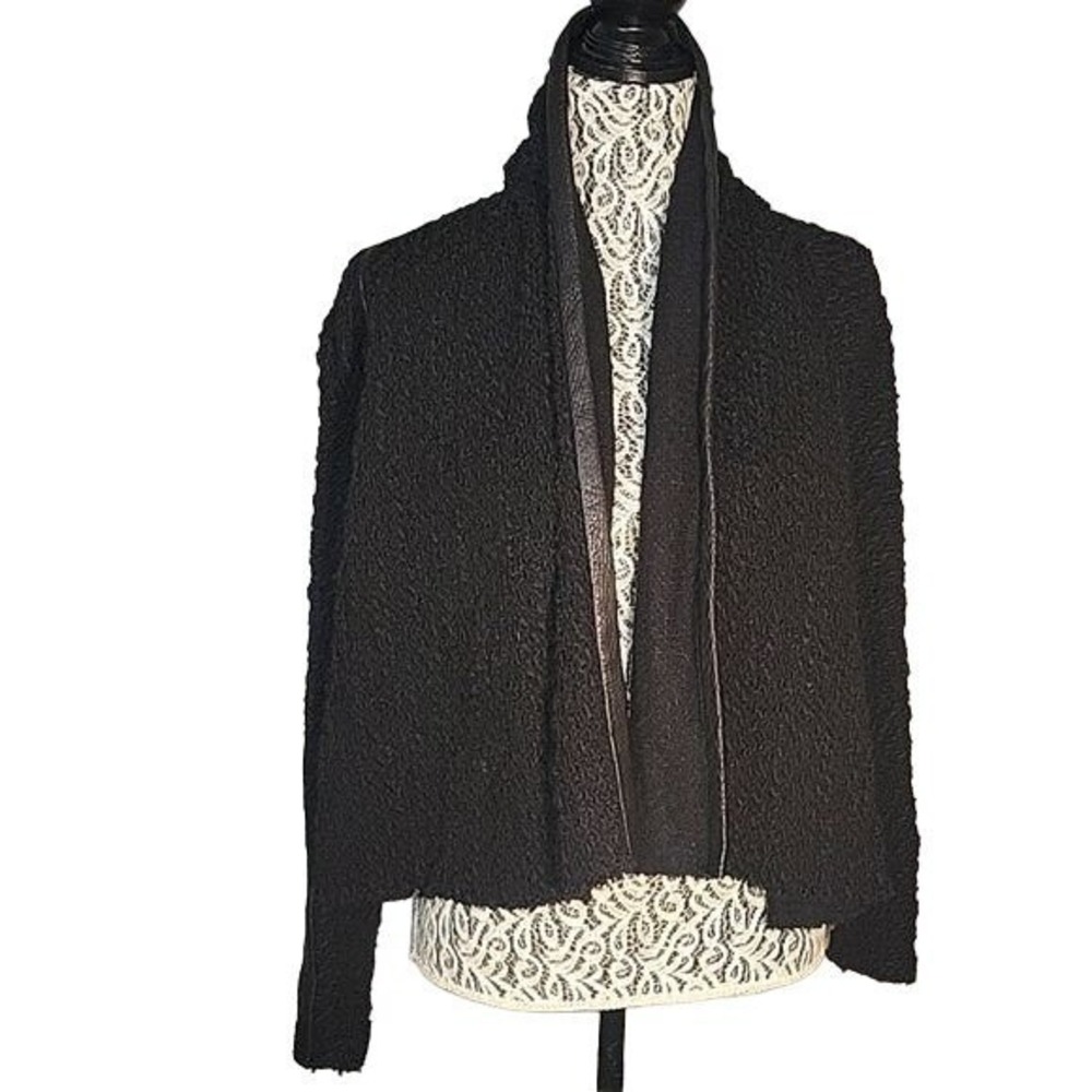 IRO Open front Textured Knit Cardigan Faux Leather Trim slub knit Jacket luxury